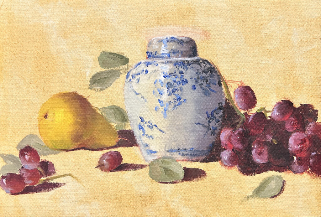 Pot with pear and grapes